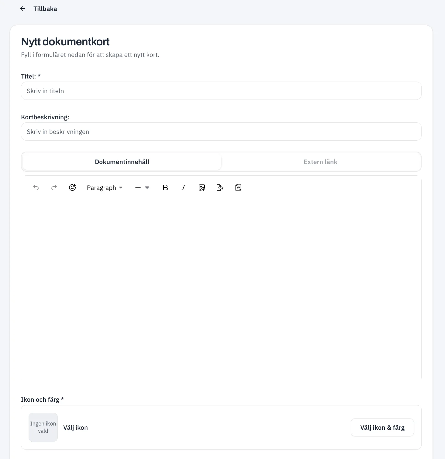 The form for creating a new document card