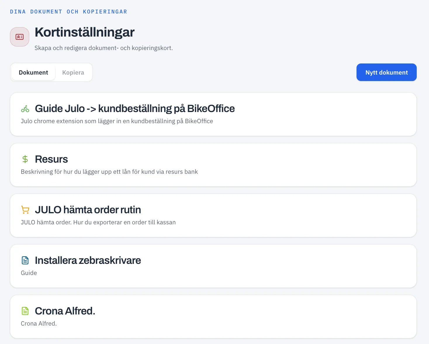 Card settings, showing the document cards list