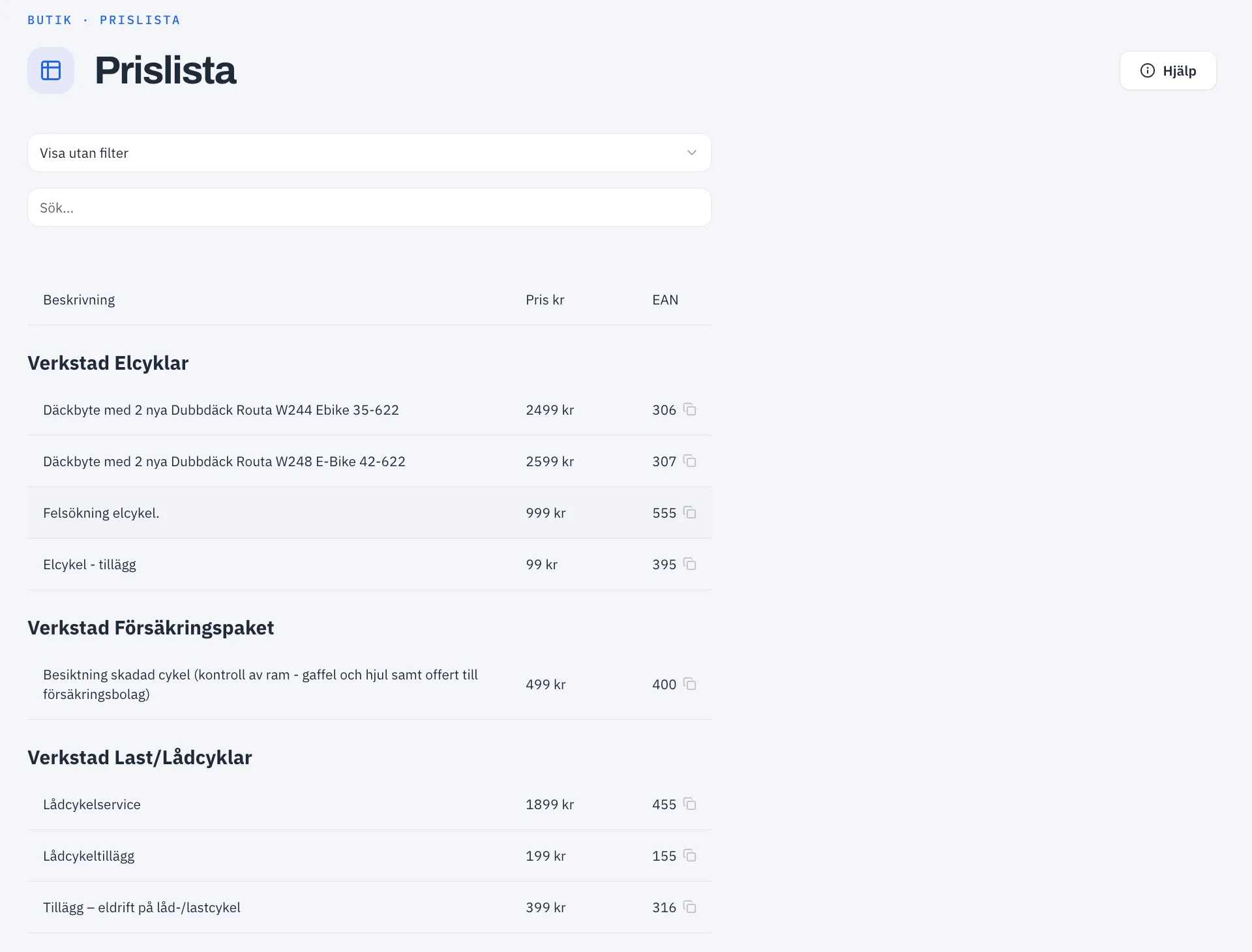 The Price List (Prislista) page