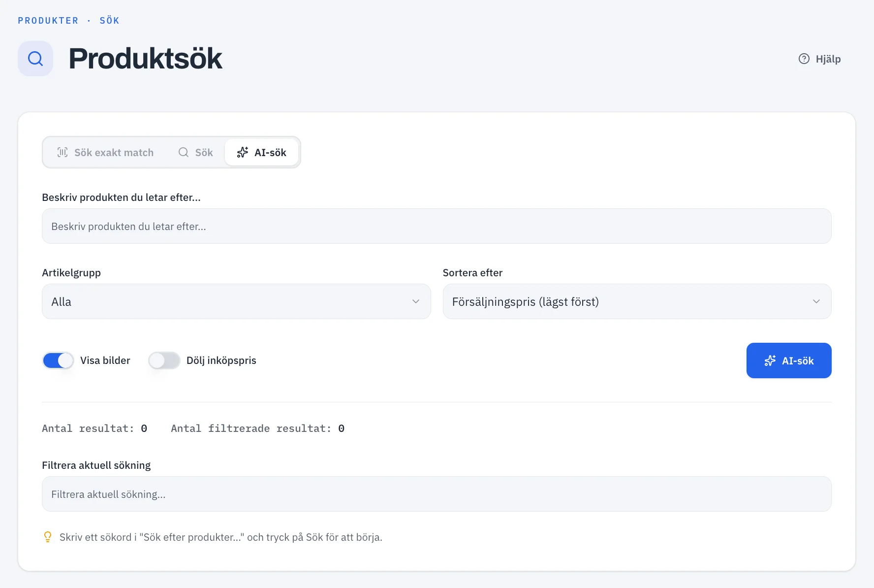 The Product Search page with results for a chain search